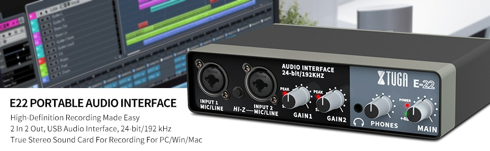 XTUGA E22 Audio Interface Sound Card with Monitoring,Electric Guitar Live Recording