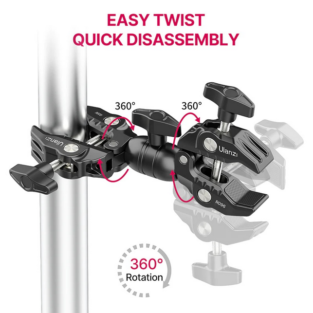 Ulanzi R096 Double Metal Super Clamp Articulating Magic Arm Crab Clip 360° Dual-Head Super Clamp