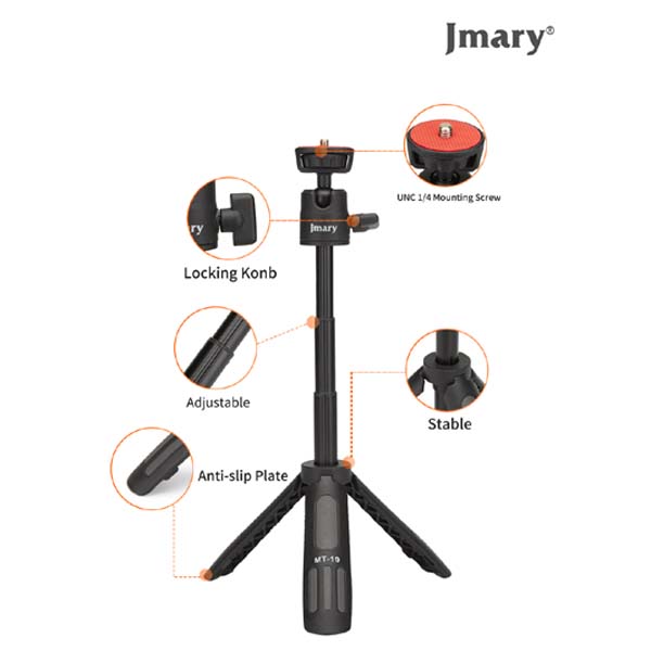 Jmary MT-19 Mini Selfie Stick with Tripod Stand (Coming with Universal Mobile Phone Holder) Compatible with Phones, Microphone, Action Camera &amp; DSLR