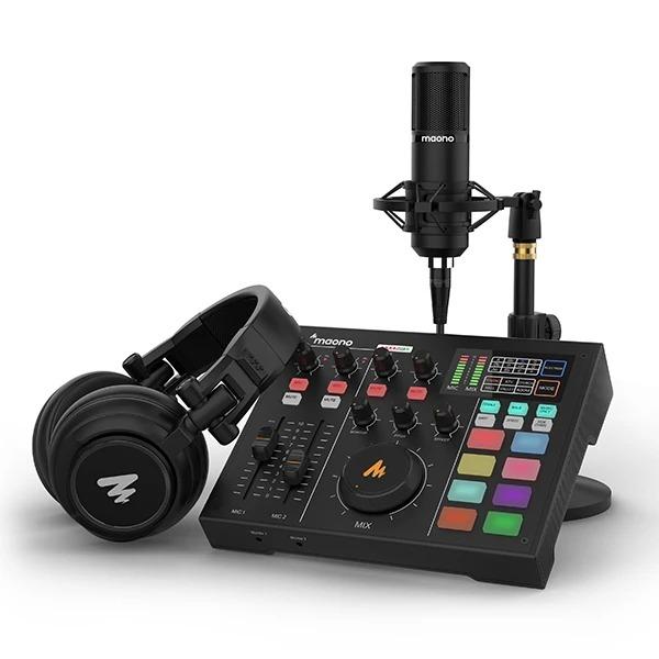 MAONOCASTER AM100 K2 Sound Card With Desktop XLR Microphone And Monitor Headset All In One Podcast Studio Production Set