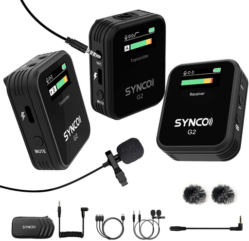 [G2A2] SYNCO G2 (A2) Condenser Microphone System Wireless Mic Lavalier for Smartphone DSLR Camera Realtime Monitoring 70M Transmission