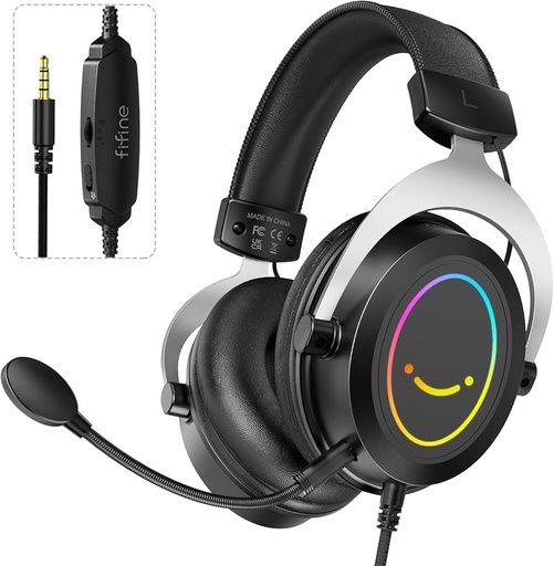 FIFINE AmpliGame H3 RGB Headset with 3.5mm TRRS Jack for PS4/5, Xbox, Switch, In-line Volume &amp; Mute Control