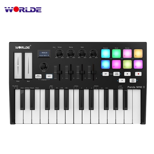 WORLDE Panda MINI II Portable 25-Key USB MIDI Keyboard Controller with 8 RGB Backlit Trigger Pads 4 Assignable Control Knobs 4 Assignable Sliders